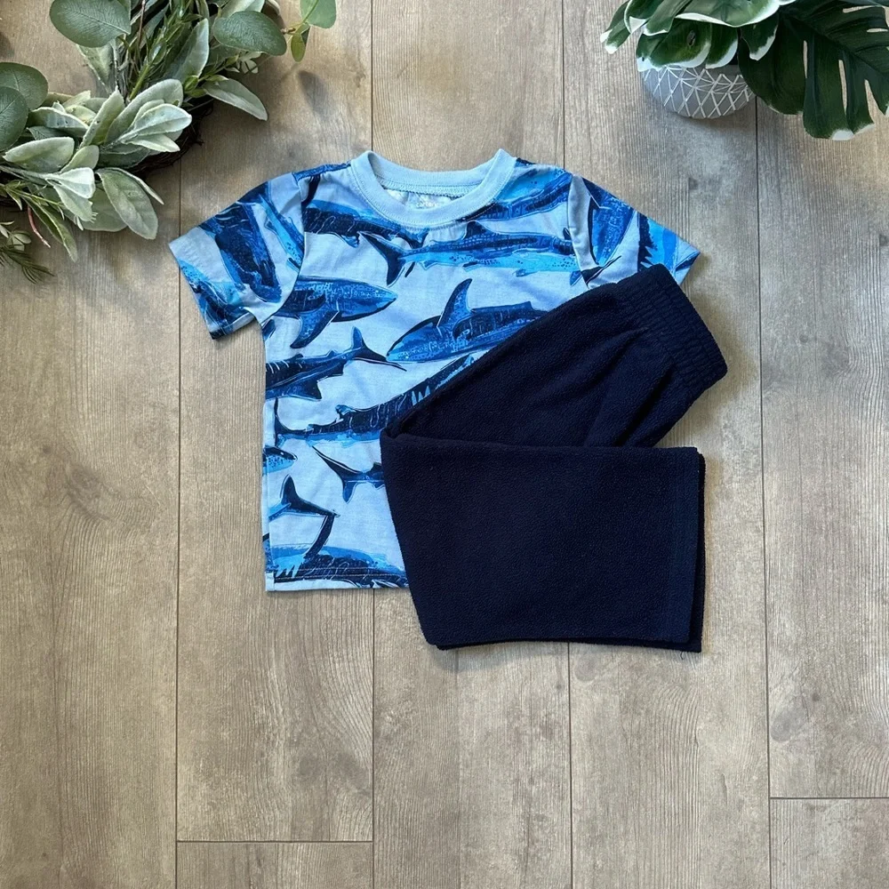 Toddler Boy Clothes Outfit Blue Shark T-Shirt + Fleece Pants Set Carters & Place